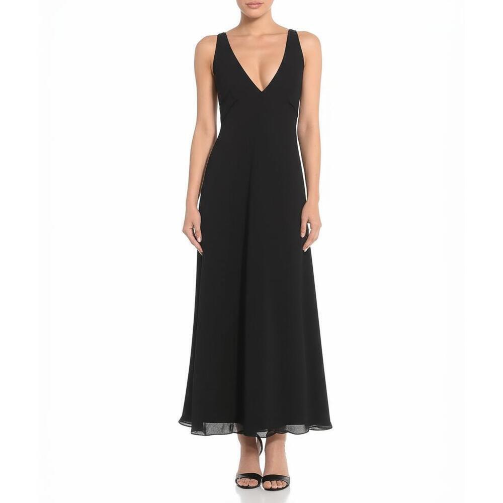JONES WEAR Maxi Dress Womens Size 10 Black V Neck Sheer Back Gathered Chic